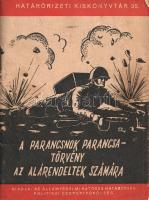 Pavlov, A.: A parancsnok parancsa: törvény az alárendeltek számára. (Budapest), [1950 körül]. Államvédelmi Hatóság Határőrség Politikai Csoportfőnöksége (Vörös Csillag ny.) 71 + [1] p. Egyetlen kiadás. A kezdetektől a kommunista párt irányítása alatt álló erőszakszervezet, a Politikai Rendészeti Osztály 1945-ben alakult, 1946-ban felvette az Államvédelmi Osztály (ÁVO), majd 1948-tól az Államvédelmi Hatóság (ÁVH) nevet. A hat ügyosztályra tagozódó ÁVH 1948-től már határrendészeti feladatokkal is bírt. A Sztálin és a Szovjetunió dicsőítésére minden eszközt megragadó utasítás vasfegyelmet szorgalmaz, összehasonlítja a morál nélküli, erőszakra és zsákmányszerzésre épülő amerikai hadsereg-szervezést a Vörös Hadsereg kimagasló kötelességtudásával és morális alapállásával, valamint számos épületes anekdotát oszt meg a Vörös Hadsereg legendáriumából. Évszám nélkül megjelent kiadványunk egy ízben idézi a Szovjetunió Legfelsőbb Tanácsa elnökségének 1950. április 13-i rendeletét, kötetünk kiadási évét ennek az adatnak felhasználásával becsültük meg. (Határőrizeti kiskönyvtár, 35. kötet.) Fűzve, illusztrált kiadói borítóban. Jó példány.