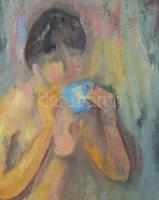 Tallós Ilona (1918-1991): Ülő női akt. Olaj, vászon, faroston, jelzés nélkül. Katalógusszám nélkül. ...