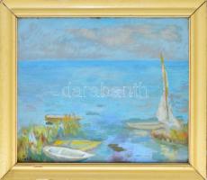 Tallós Ilona (1918-1991): Balatonpart. Olaj, farost, jelezve balra lent: Tallós. Katalógusszám nélkül. 50x60 cm. Egészen apró felületi karcolással. Keretben.