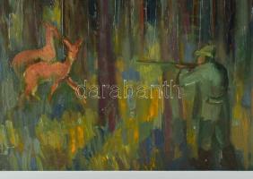 Tallós Ilona (1918-1991): Vadász és őzek. Olaj, farost, jelzés nélkül. Katalógusszám nélkül. 82×47 c...