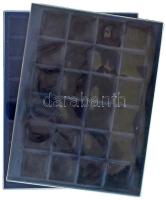 2db éremtartó tálca, 48 férőhellyel (33x33mm) és 24 férőhellyel (44x44mm), mindkettő átlátszó műanyag tetővel, használt, de jó állapotban (mindkét tálca külső mérete 31x23,5cm)