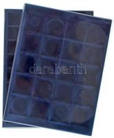 2db éremtartó tálca, 48 férőhellyel (33x33mm) és 20 férőhellyel (50x50mm), mindkettő átlátszó műanyag tetővel, használt, de jó állapotban (mindkét tálca külső mérete 31x23,5cm)