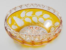 Ezüstpácolt gyümölcskínáló, csiszolt kristály, körte és barackmintákkal, minimális pattogzással, d: 21 cm, m: 8 cm