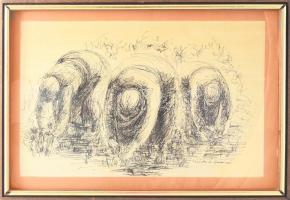 Berényi Piroska (1916-): Trió. Tus, papír, jelzett. 25,5×41 cm. Üvegezett fakeretben.