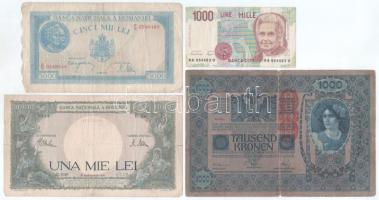 Vegyes, 4db-os külföldi bankjegy tétel, benne Ausztria 1919(1902) 1000K, függőleges "DEUTSCHÖSTERREICH" felülbélyegzéssel, "1489 96383" mindkét oldal német + Románia 1941. 1000L + 1944. 5000L + Olaszország 1990. 1000L T:F,VG Mixed 4pcs foreign banknote lot, in it Austria 1919(1902) 1000 Kronen, with vertical "DEUTSCHÖSTERREICH" overprint, "1489 96383" both sides in German + Romania 1941. 1000 Lei + 1944. 5000 Lei + Italy 1990. 1000 Lire C:F,VG