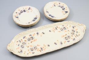 Zsolnay búzavirág mintás süteményes készlet. Kézzel festett, jelzett, tálcán egy repdésvonallal, teljes, h: 45 cm, tányérok d: 16 cm