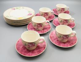 Wellco virágmintás 6 személyes reggeliző szett, csészék alátéttel, és desszertes tányérok, jelzett, teljes, hibátlan, d: 23 cm