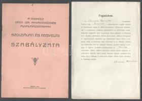 A miskolci orth. izr. anyahitközség alkalmazottainak szolgálati és fegyelmi szabályzata. Miskolc, 1935. Schwartz Soma. 20p. az utolsó oldalon egy alkalmazott tanítónő átvételi igazolásával, valamint külön lapon fogadalmi esküszövegével és jegyzőkönyvvel.