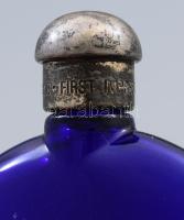 Virág és szitakötő mintás szerelékkel kék parfümös üveg, m: 9,5 cm