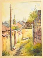 Diósgyőri Horváth jelzéssel: Tabán, háttérben az régi Erzsébet híddal, 1928. Akvarell, papír. Paszpartuban. 37x27 cm