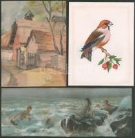 Olvashatatlan jelzéssel vagy jelzés nélkül, klf. alkotók, 3 db mű: Fürdőzők, utcarészlet és madár. Klf. technikák, papír. 17,5x14, 18x14 és 10x28 cm