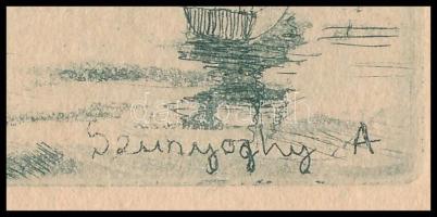 Szunyoghy András (1946-): Balatoni táj. Rézkarc, papír, jelzett a karcon. 7×19,5 cm