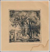 Toroczkai Oszvald (1884-1951): Fürdőző aktok. Rézkarc, papír. Jelzett. Lap széle foltos. 9x9 cm