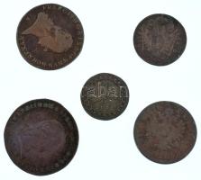 1800B 1kr Cu "I. Ferenc" + 1800B 3kr Cu "I. Ferenc" + 1800A 6kr Cu "I. Ferenc" + 1812S 1/2kr Cu "I. Ferenc" + 1864B 4kr Cu T:F,VG