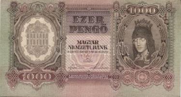 1943. 1000P kissé feltolódott előlapi nyomat T:II+ Csak egyszer hajtva, törve nem!