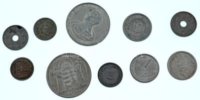 1940. 2f Fe sima perem + 1941. 20f Fe (2x) + 1942. 2f Fe rovátkált perem + 1942. 10f Fe + 1943. 1P Al (2x) a legritkább évjárat + 1943. 5P Al "Horthy Miklós születésének 75. évfordulójára" + 1944. 1P Al T:AU,XF