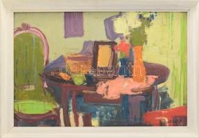 Séday Éva (1929-2011): Enteriőr. Olaj, farost, jelzett. Dekoratív fakeretben, 40×60 cm
