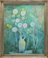 Hajós Hollanda Éva (1935-): Csendélet madárral. Olaj, műnyomó lemez, jelzett. Dekoratív, üvegezett, kissé sérült fakeretben, 50x40 cm