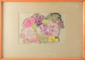 Olvashatatlan jelzéssel: Virágözön, 1977. Akvarell, papír. Ismeretlen autográf ajándékozási, Ury Ibolya "Csibi" (1924-2009), a Műcsarnok tudományos főmunkatársa részére. Proveniencia: Ury Ibolya (1924-2009), a Műcsarnok tudományos főmunkatársa hagyatékából. 21x31 cm. Üvegezett fakeretben / Litograph on paper, signed, framed, from the estate of art historian Ibolya Ury