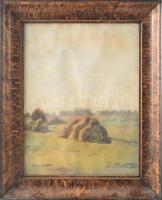 Mendlik Lajos (1903-1985): Szénaboglyák. Akvarell, papír, jelzett, üvegezett fakeretben, 26×20 cm