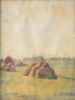 Mendlik Lajos (1903-1985): Szénaboglyák. Akvarell, papír, jelzett, üvegezett fakeretben, 26×20 cm