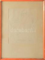 Reich Károly (1922-1986): Női akt, 1972. Toll, papír, jelzett, Reich Károly autográf ajándékozási soraival Ury Ibolya (1924-2009), a Műcsarnok tudományos főmunkatársa részére. 26x20 cm. Üvegezett fakeretben / pen on paper, signed, with autograph dedication lines to art historian Ibolya Ury, framed