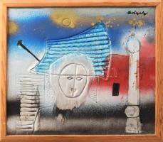 Drégely László (1932-1990): Piros-kék kompozíció (cím nélkül). Festett, kalapált alumínium lemez. Jelezve jobbra fent: Drégely. Proveniencia: Ury Ibolya (1924-2009), a Műcsarnok tudományos főmunkatársa hagyatékából. Fakeretben, 19×21,5 cm