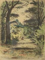 Komjáti-Wanyerka Gyula (1894-1958): Nyár. Színezett rézkarc, papír, jelzett, üvegezett fakeretben, l...