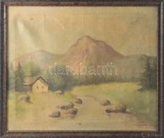 Olvashatatlan jelzéssel: Hegyvidéki táj. Olaj, vászon, kissé sérült. Dekoratív fakeretben, 39x47 cm