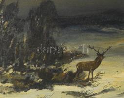 Baky Albert (1868-1944): Szarvas. Olaj, karton, jelzett. Dekoratív, kissé sérült fakeretben. 24x34 c...