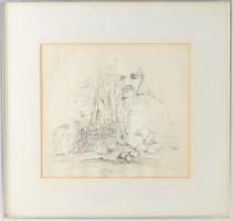 Takács jelzéssel (Takács Pál?): Szürrealista rajz, 1974. Tus, toll, papír. Üvegezett keretben, hátoldalán J. Zalavary new yorki képkeretező címkéjével. 25x28 cm