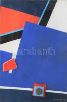 Joseph Kádár (1936-2019): Geometrikus kompozíció. Olaj, applikáció, vászon, jelezve jobbra lent, hátoldalán autográf felirattal és a művész bélyegzőjével, javított, 33x22 cm.