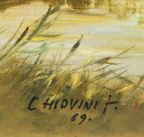 Chiovini F. jelzéssel: Vízparti táj. Olaj, farost. 40x50 cm