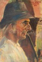 Hans Knirr (?-?): Pipázó kalapos férfi. Olaj, karton, jelzett, szélén kissé sérült, 39×27 cm