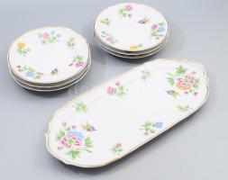 Hollóházi Hortenzia mintás szendvicses / süteményes szett, jelzett, hibátlan, h: 39 cm, d: 18 cm