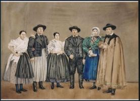 cca 1861 Tiedge János pesti fényképész felvétele, amit kézzel színeztek (Fejér megyei viseletek Dunapentelén), 1 db modern nagyítás, jelzés nélkül, az eredeti fotót bemutatták 1862-ben, a Londonban megrendezett Ipari és Művészeti Világkiállításon, 15x21 cm