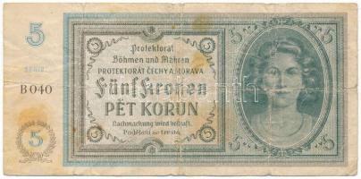 Német Harmadik Birodalom / Cseh-Morva Protektorátus 1940. 5K "B 040" T:VG,G German Third Reich / Protectorate of Bohemia and Moravia 1940. 5 Korun "B 040" C:VG,G Krause P#4a