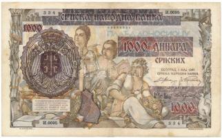 Szerbia / Német megszállás 1941. 1000D felülbélyegzett ideiglenes kiadás "I.0095 334" T:F, szép papír Serbia / German occupation 1941. 1000 Dinara overprint provisional issue "I.0095 334" C:F, fine paper Krause P#24