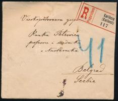 1899 Ajánlott levél 5kr + 10kr bérmentesítéssel, "KARLÓCZA" - "BELGRADE"