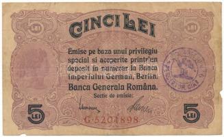 Románia / Német megszállás DN(1917) 5L 7 jegyű sorszám "G. 5204898", kék "JND. ARGESU PERCEPTOR. CIR" felülbélyegzéssel T:F,VG, pici anyaghiány Romania / German occupation ND(1917) 5 Lei 7 numbers in serial "G. 5204898", with blue "JND. ARGESU PERCEPTOR. CIR" overprint C:F,VG, tiny missing material Krause P#M5a