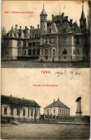 1908 Tura, Báró Schossberger kastély, Piac tér, Községháza + "KASSA - BUDAPEST 10. SZ." vasúti mozgóposta bélyegző (ragasztónyom / glue mark)