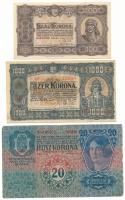 1913. 20K felülbélyegzés nélkül + 1923. 100K "Magyar Pénzjegynyomda Rt. Budapest" nyomdahely-jelöléssel (hajtatlan, de kis beszakadás) + 1000K nyomdahely-jelölés nélkül T:F