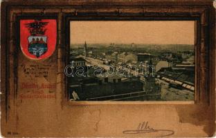 1902 Arad, madártávlatból, látkép, üzletek. Szecessziós címeres litho keret / general view, shops. Art Nouveau, litho frame with coat of arms (kopott sarkak / worn corners)