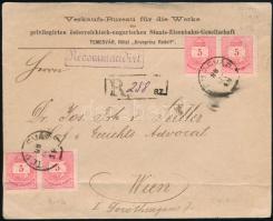 1888 Céges ajánlott levél 4x5kr bérmentesítéssel, "TEMESVÁR" - "WIEN"