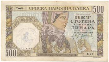 Szerbia 1941. Német megszállás 500D "X.0007 549", (I. Sándor vízjellel), hamis náci felülbélyegzéssel T:F Serbia 1941. German occupation 500 Dinara "X.0007 549", (with King Aleksander I watermark), with fake nazi overprint C:F Krause P#27a
