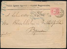 1877 Ajánlott ügyvédi levél 5kr + hátoldali 3x5kr bérmentesítéssel, " NAGYVÁRAD-VÁROS / AJÁNLOTT" - "BUDAPEST / FŐPOSTA"