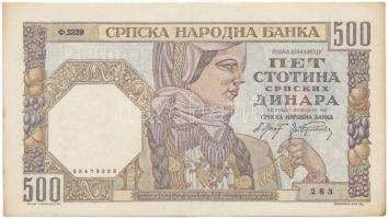 Szerbia 1941. Német megszállás 500D "F.2339 283", (Női fej vízjellel) T:F, szép papír Serbia 1941. German occupation 500 Dinara "F.2339 283", (with Woman's head (Quintus Horatius Flaccus) watermark) C:F, fine paper Krause P#27b
