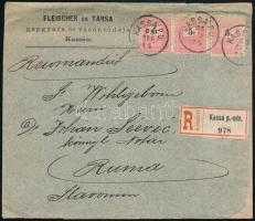 1895 Céges ajánlott levél hátoldali 3x5kr bérmentesítéssel, "KASSA P.U." - Ruma (Árpatarló)