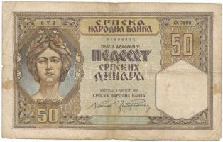 Szerbia 1941. Német megszállás 50D "O.0196 672" T:VG  Serbia 1941. German occupation 50 Dinara "O.0196 672"C:VG Krause P#26