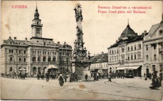 Újvidék, Novi Sad; Ferenc József tér, városháza, Szentháromság szobor, villamos, Kovács József üzlete. Urbán Ignác kiadása / square, trinity statue, town hall, tram, shop + "K.u.k. Militär-Zensurkommission Újvidék" (tűnyomok / pinmarks)